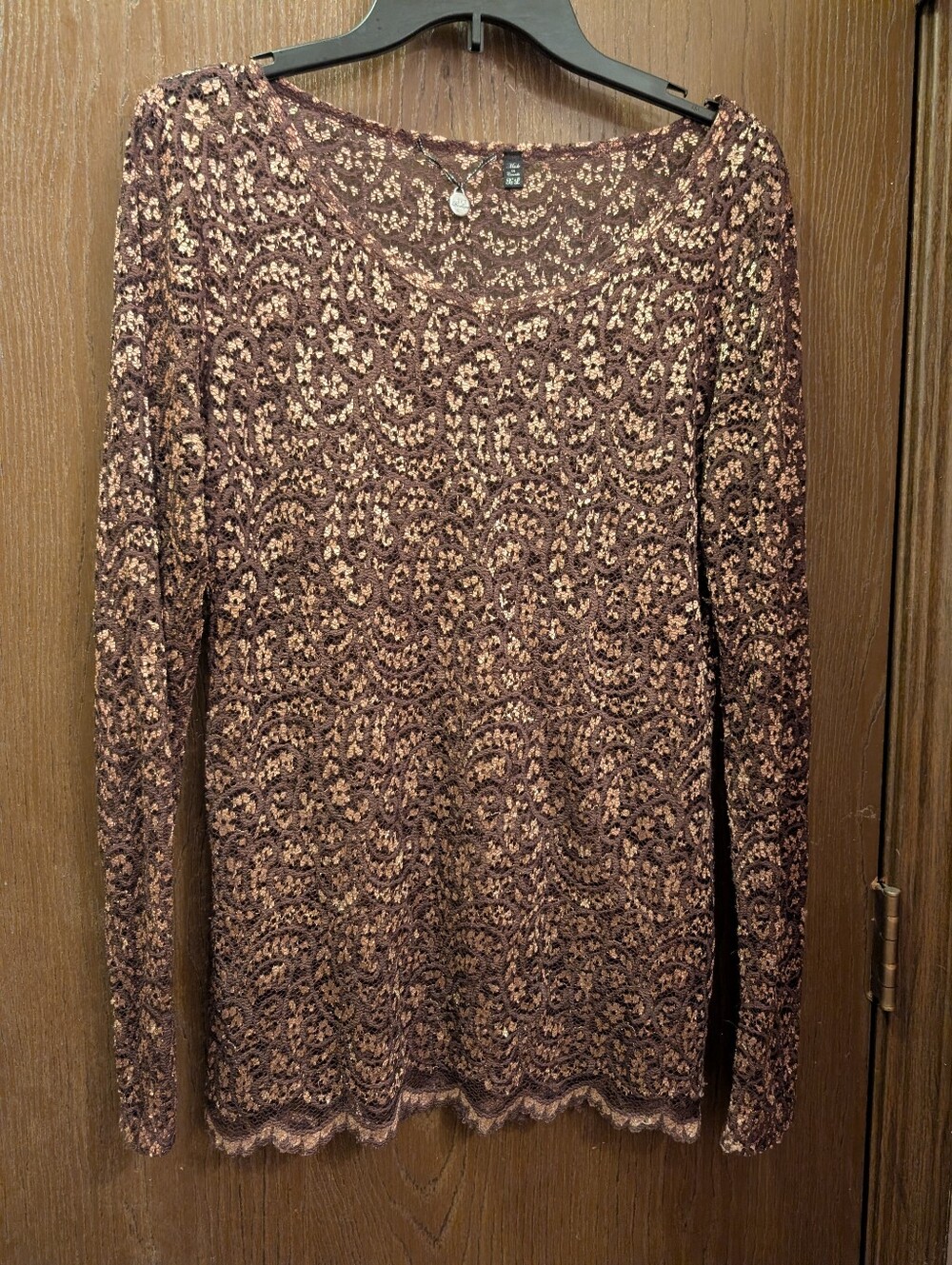BKE Boutique Top Sheer Lace Womens XL Taupe LongSleeve V-Neck Shirt Y2K Boho
